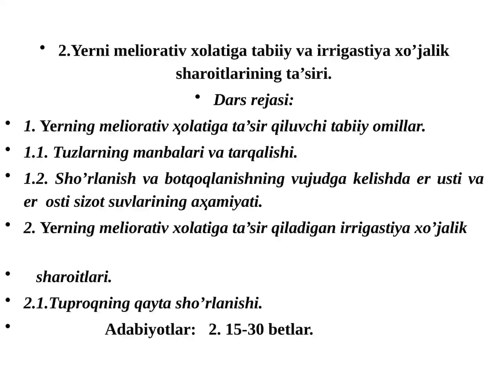 Yerni meliorativ xolatiga tabiiy va irrigatsiya xo’jalik sharoitlarining ta’siri 2