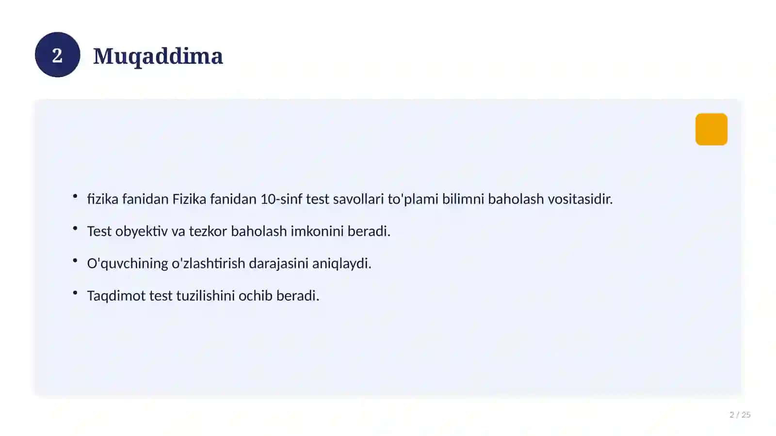 Fizika fanidan 10-sinf test savollari to'plami 2