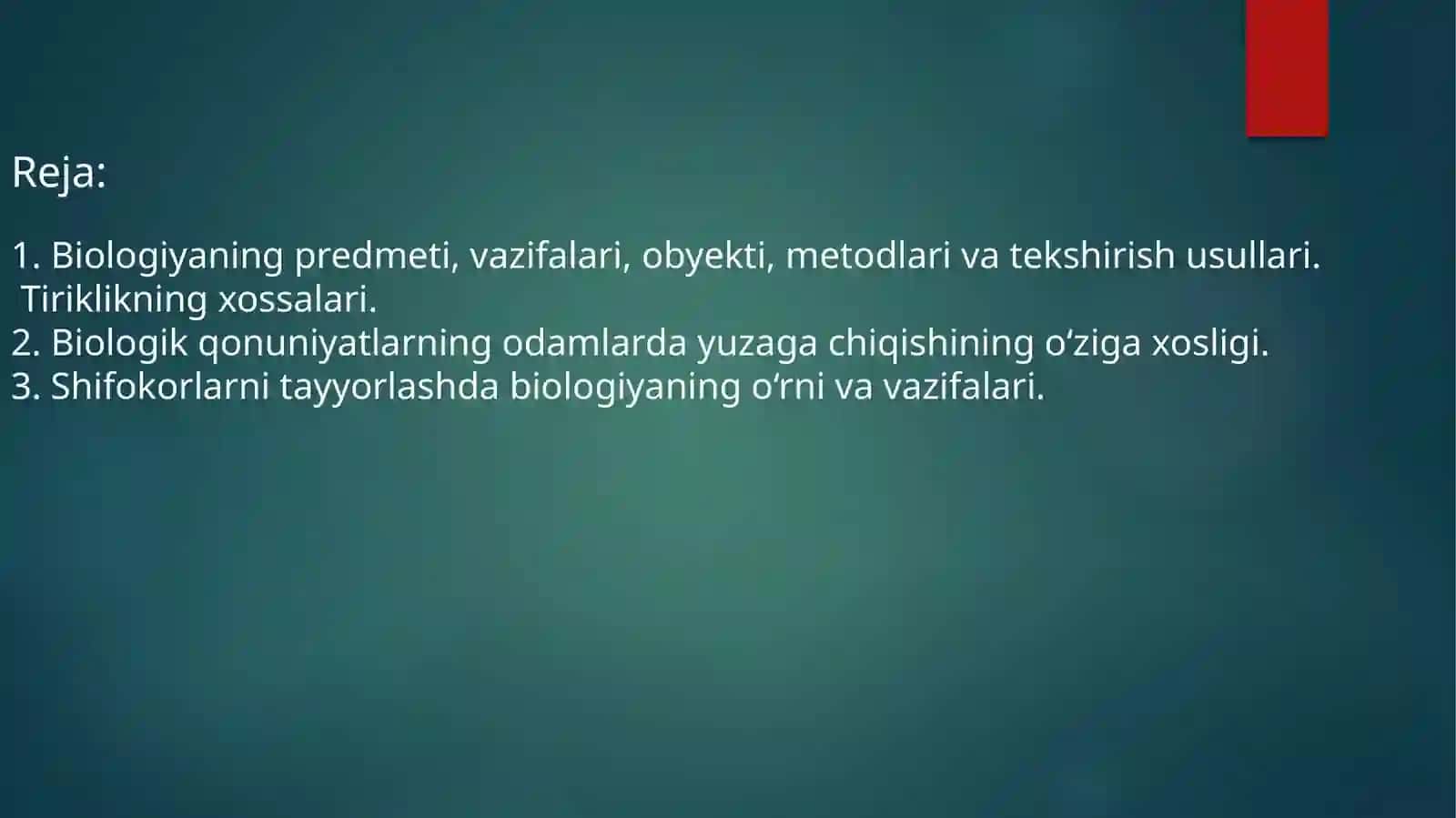 Tibbiy ta’lim tizimida biologiyaning tutgan o‘rni. Odamning biosotsial tabiati. Sрifokor tayyorlashda biologiyaning roli. 2