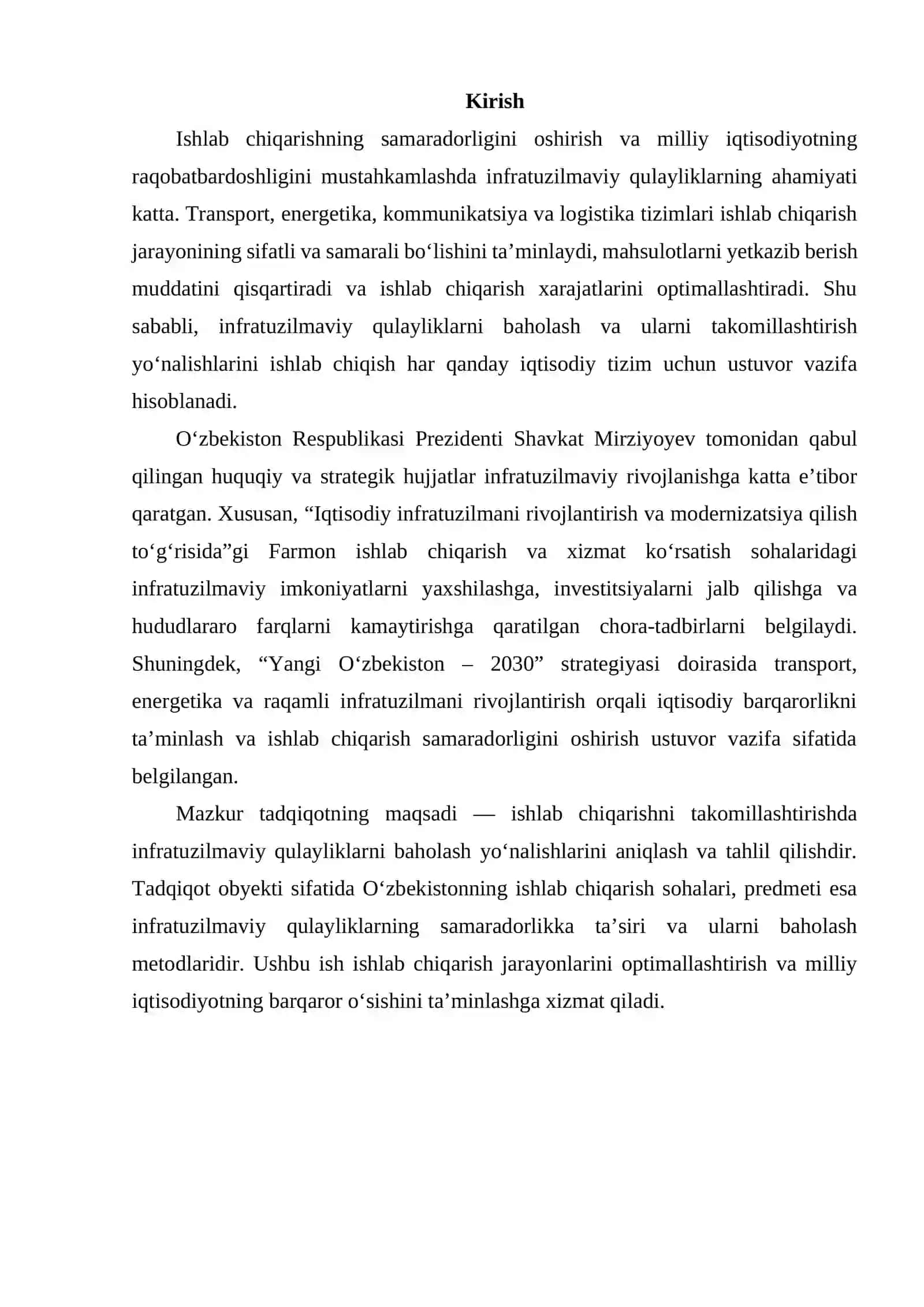 Ishlab chiqarishni takomillashtirishda infratuzilmaviy qulayliklarni baholash yo‘nalishlarini ishlab chiqish 2