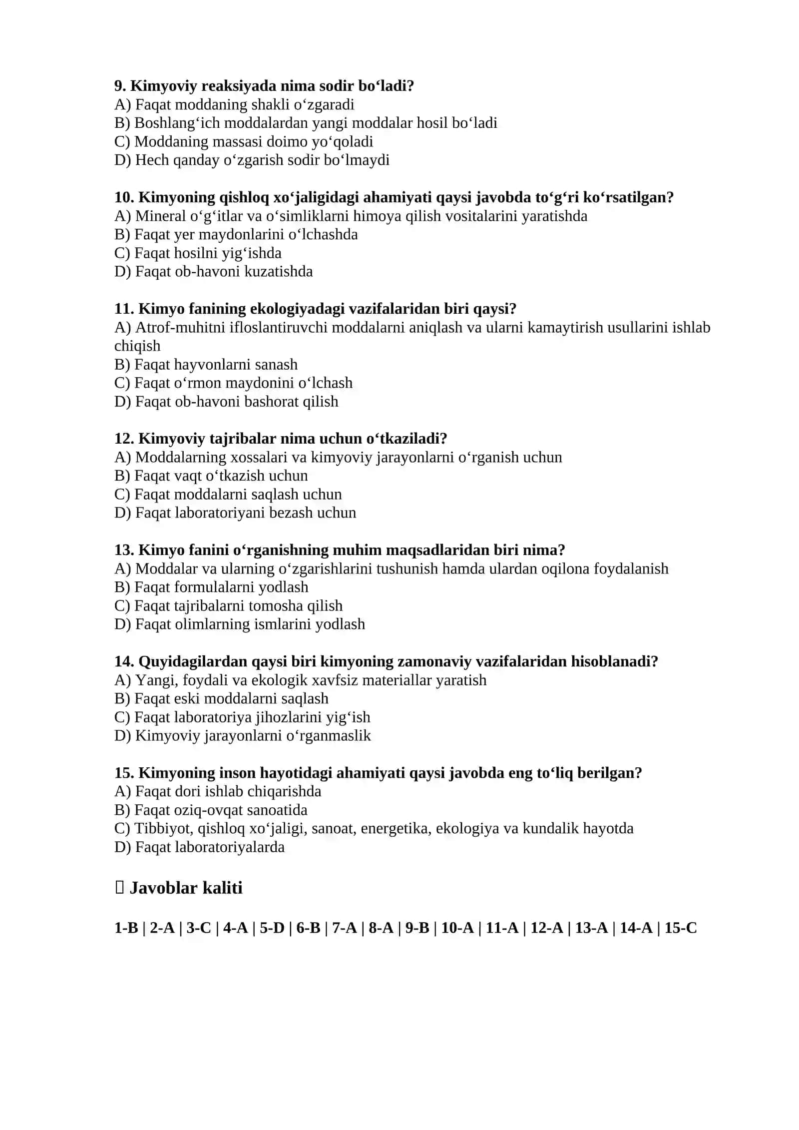 Kimyo fani va uning vazifalari — Test 2