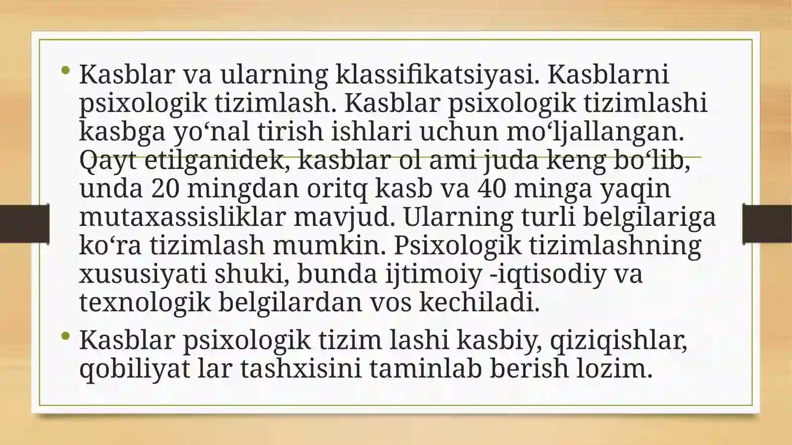 Kasblar va ularning klassifikatsiyasi hamda professiografiya mehnat psixologiyasining asosiy tushunchalari hisoblanadi 2
