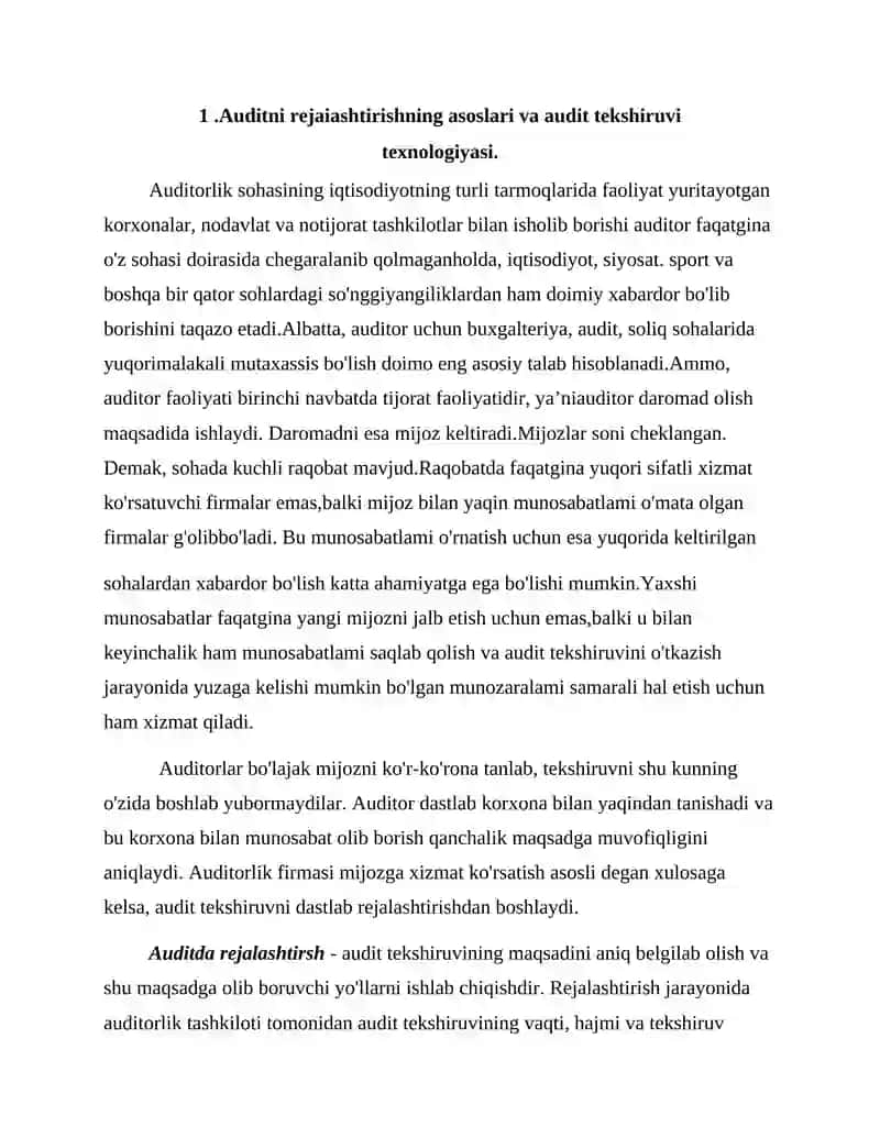 Auditorlik tekshiruvining tashkiliy asoslari, audit strategiyasi va texnologiyasi 2