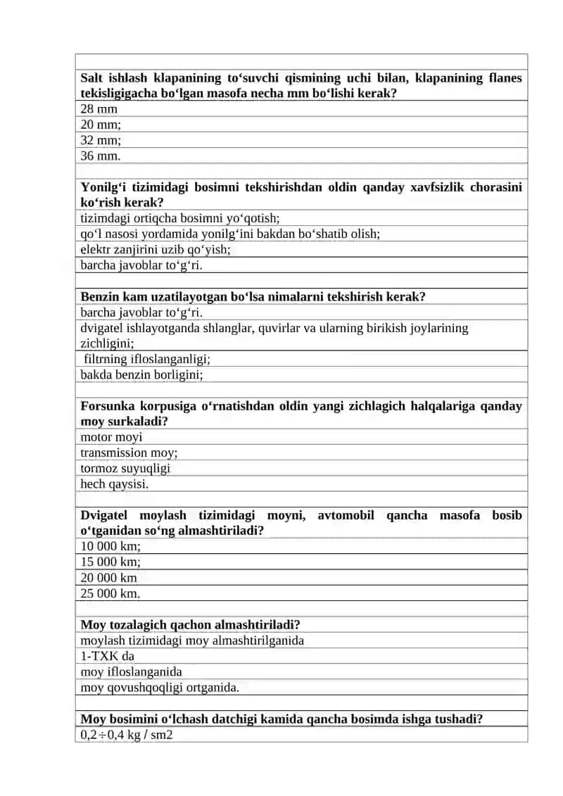 TRAKTOR VA AVTOMOBILLAR’ Fanidan Yakuniy savollari 2