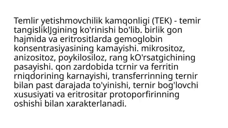 TEMIR TANQISLIK ANEMIYANI 1- VA 2- OG’IRLIK DARAJLARINI DAVOLASH 2