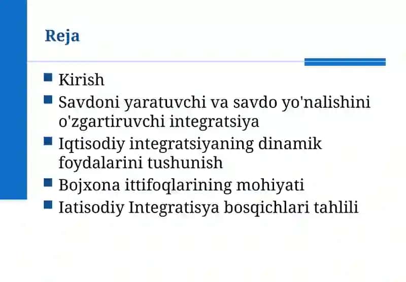 Iqtisodiy Integratsiya.  Bojxona Ittifoqlari va Erkin Savdo Zonalari 2