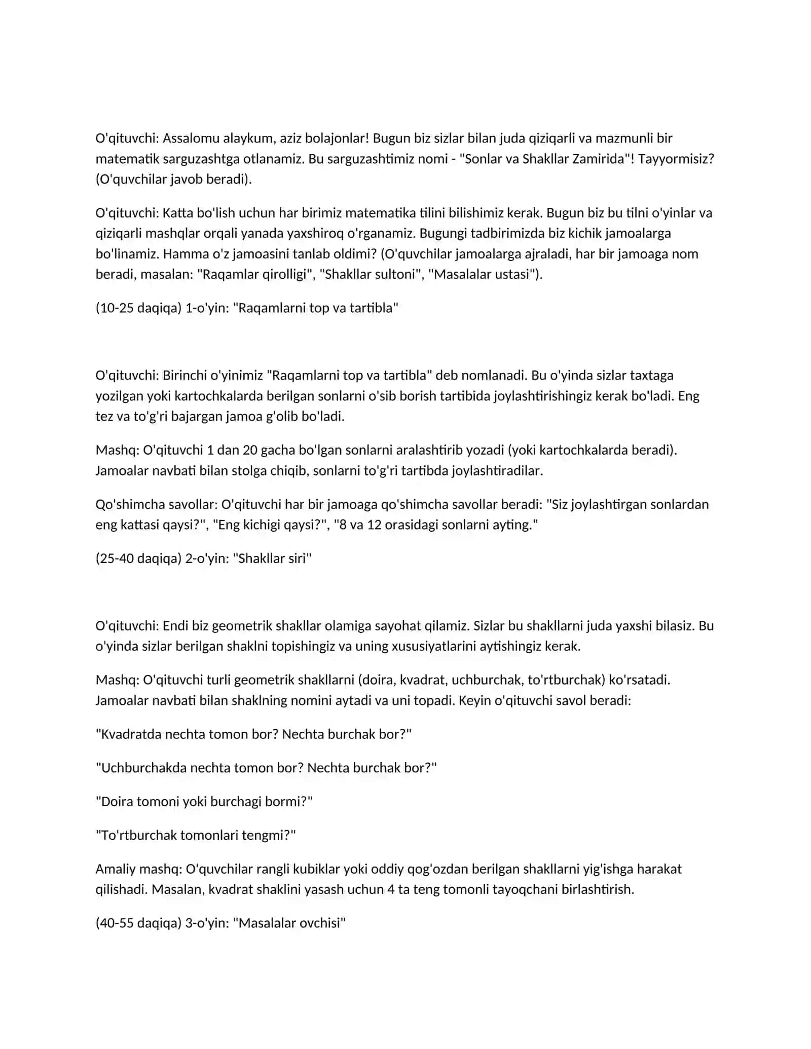Matematika tadbir ssenariysi " sanlar va shaklllar zamirida 2