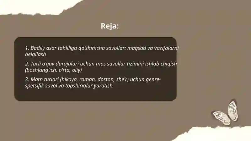 Badiiy asar tahliliga oid qo'shimcha savol va topshiriqlar tizimini ishlab chiqish 2
