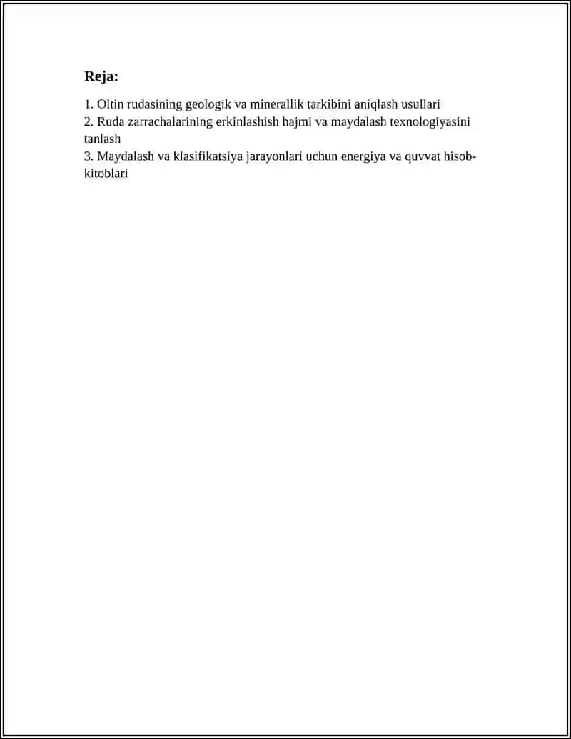 Oltin Rudalarini Boyitishga Tayyorlash Texnologiyasini Tanlash va Hisoblash 2