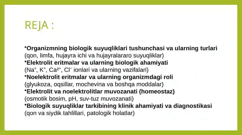 Organizming biologik suyuqliklari elektrolit va noelektrolitlar eritmalari sifatida 2