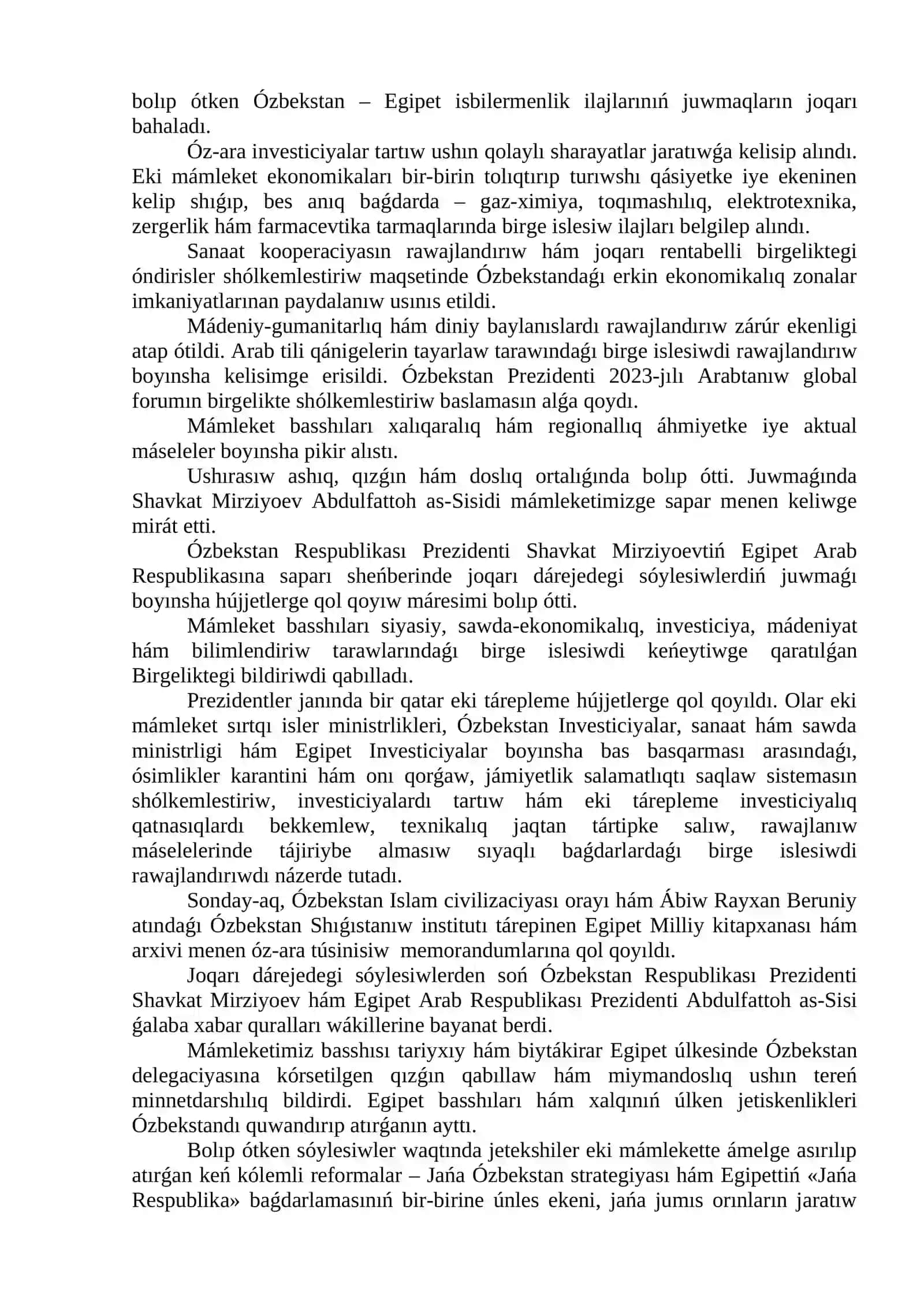 ÓZBEKSTAN-EGIPET BIRGE ISLESIWINDE JAŃA DÁWIR BASLANBAQTA 2
