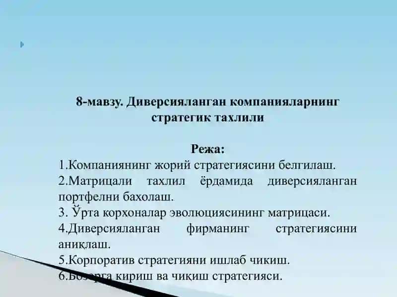 Диверсияланган компанияларнинг стратегик тахлили 2
