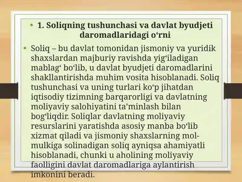 Soliqning tushunchasi va davlat byudjeti daromadlaridagi o‘rni 2
