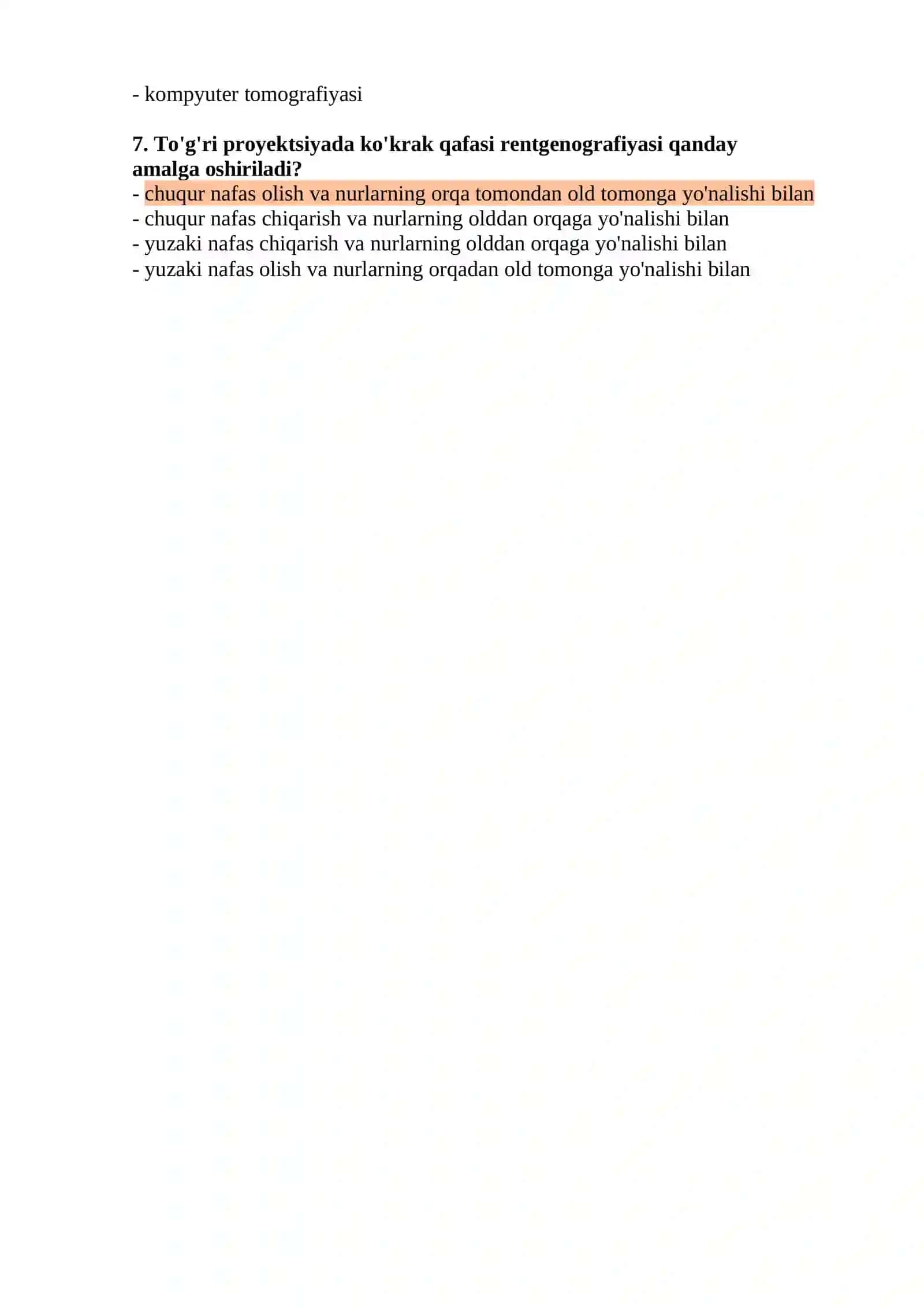 RENTGEN LABORANTİ MUTAXASSİSLİGİ BO'YİCHA SHAKLLANTİRİLGAN TEST SAVOLLAR RO'YXATİ 2