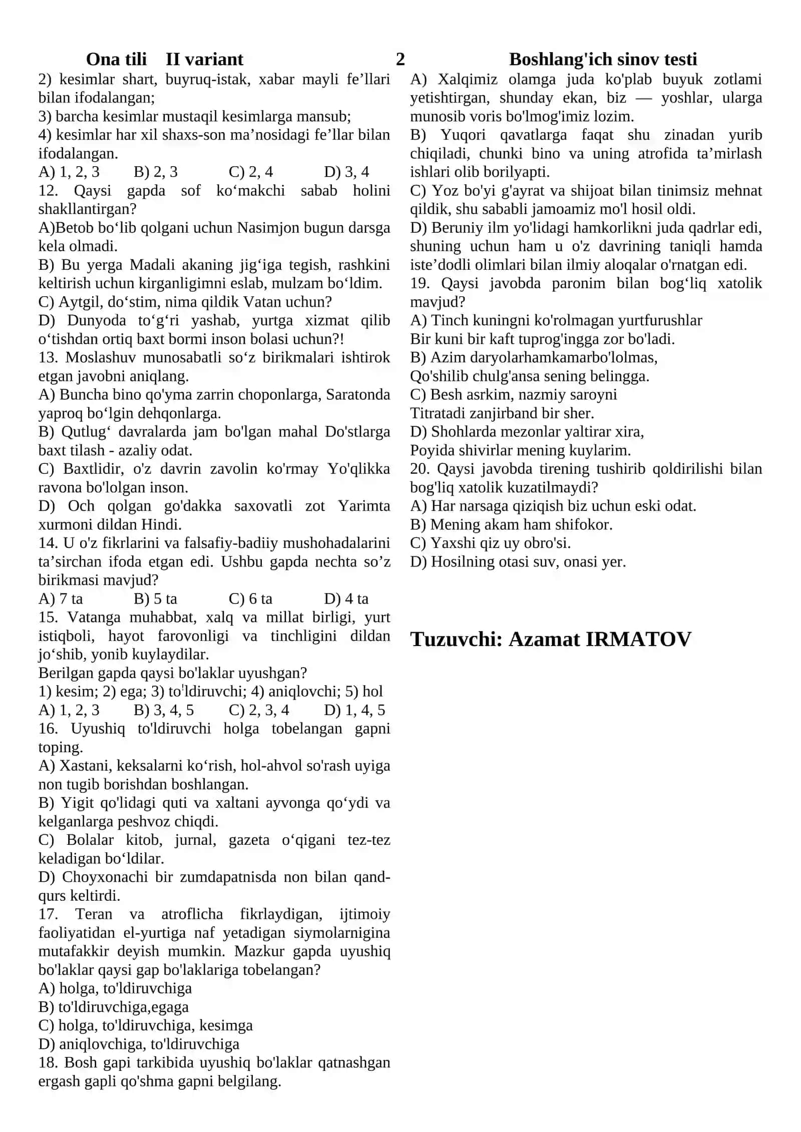 Ona tili II variant 1 Boshlang'ich sinov testi 2
