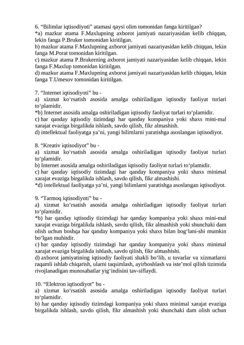Raqamli Iqtisodiyot fanidan testlar 2