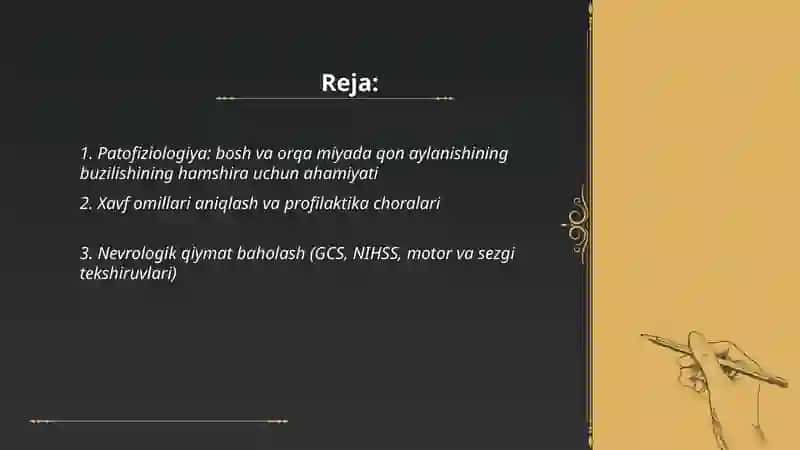 Bosh va orqa miyada qon aylanishining buzilishida hamshiralik ishi 2