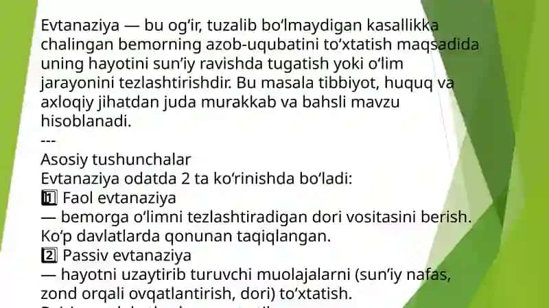 Evtanaziya muammolari.Krizis holatda boʻlgan bemorga maslahat berish. Yoʻqotish, bemor holatini oʻziga xosligi 2