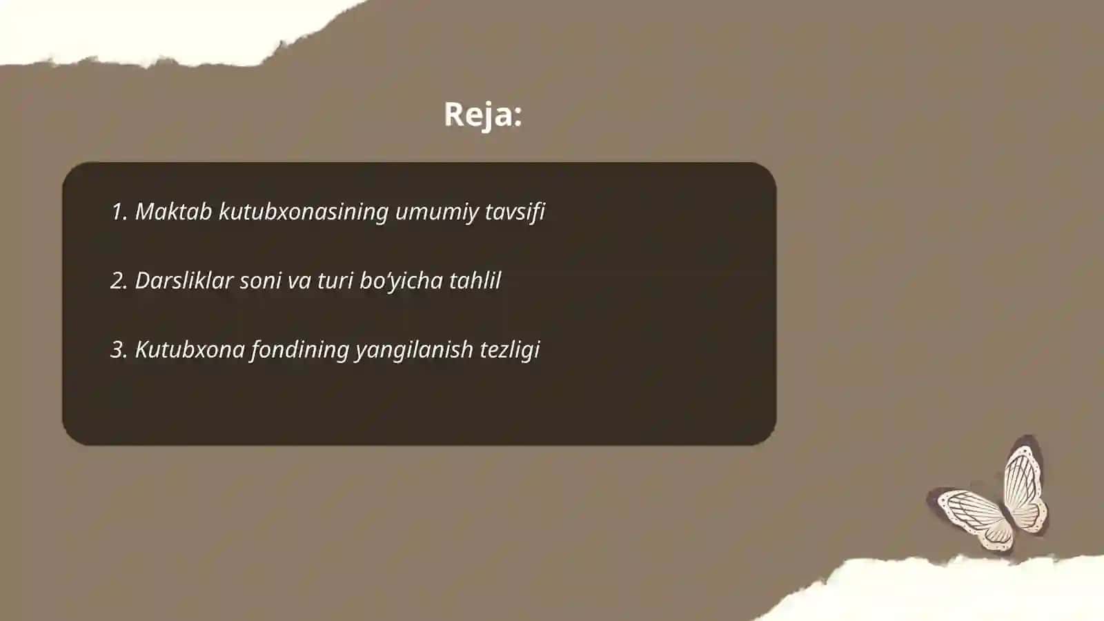 Maktab kutubxonasidagi darsliklar, elektron resurslar hamda fan xonalarining jixozlanishini oʻrganish Prezentatsiya tayyorlash 2