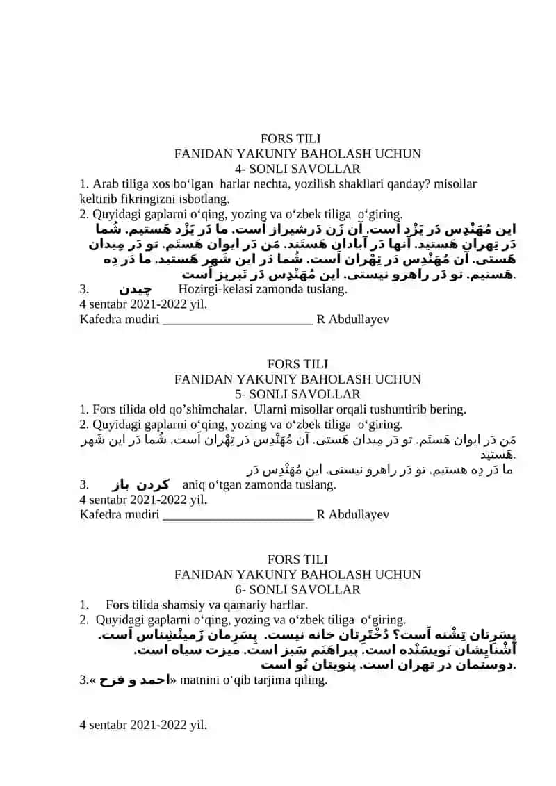 Fors Tili Fanidan Yakuniy Baholash Uchun 2