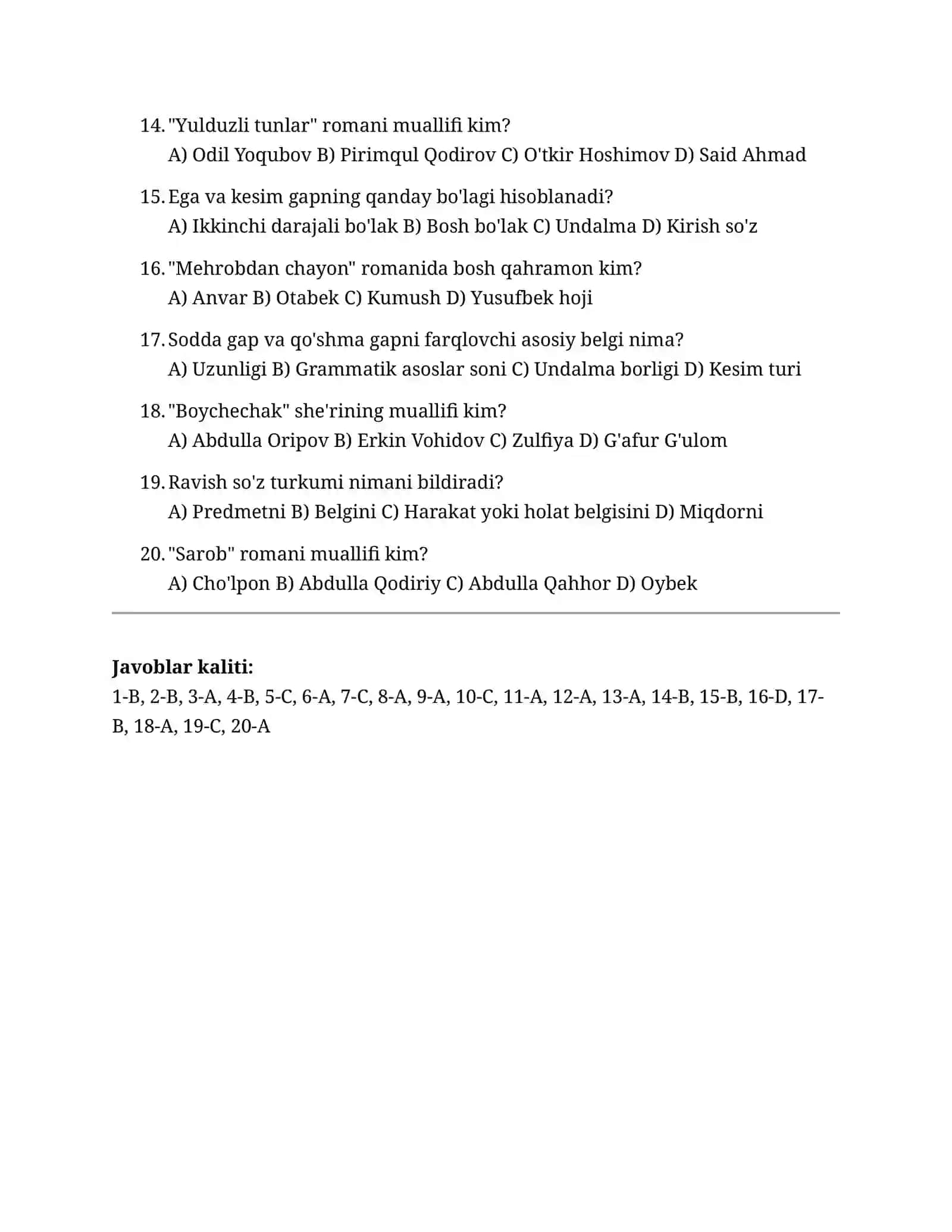 Majburiy fan: Ona tili va adabiyot (namunaviy test, 20 savol) 2