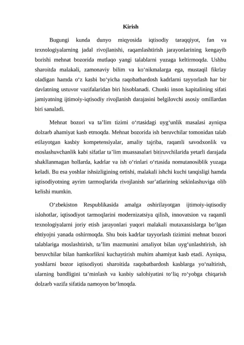MALAKALI KADRLAR TAYYORLASH TIZIMINING MEHNAT BOZORI TALABLARIGA MOSLIGI 2