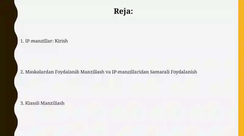 IP adreslar. Sinfli adreslar. Maskalar yordamida adreslash. IP adreslardan tejamkor foydalanish 2