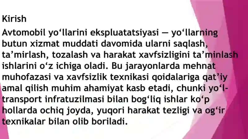 Avtomobil yo‘llarining ekspluatatsiyasi qilishda mehnat muhofazasi va xavfsizlik texnikasi 2