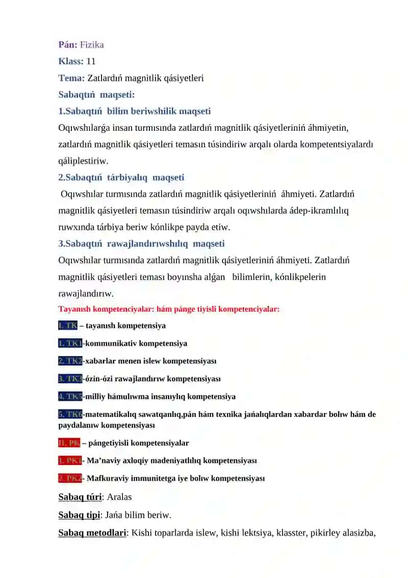 “Zatlardıń magnitlik qásiyetleri” tema 2