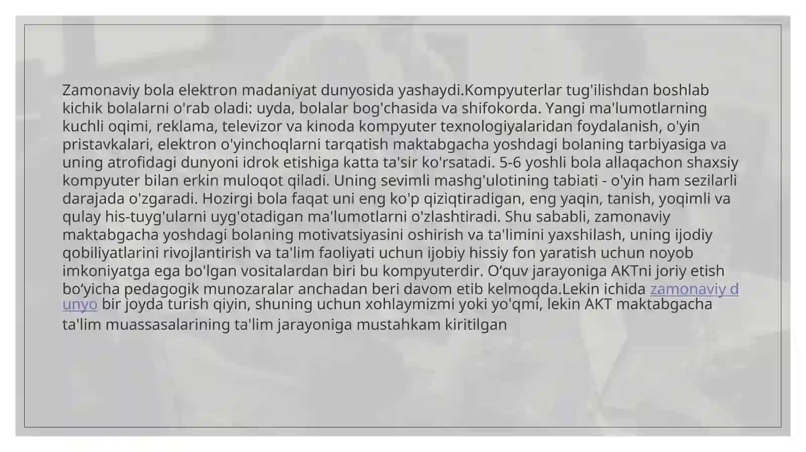 BOSHLANG‘ICH TA'LIM YO'NALISHISBT-5.20 GURUH TALABASI MUHAMMADIYEVA NARGIZANING BOSHLANG'ICH TA‘LIM PEDOGOGIKASI INNAVATSIYASI VA INTEGRATSIYASI FANIDAN TAYYORLAGAN TAQDIMOTI 2