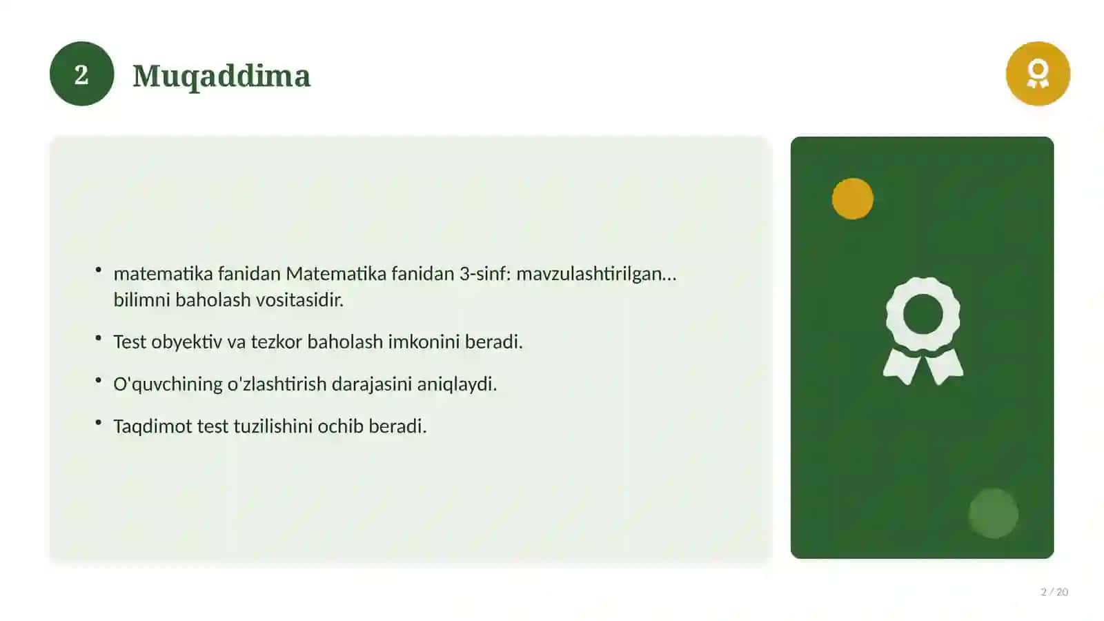 Matematika fanidan 3-sinf: mavzulashtirilgan nazorat ishi va tahlil 2