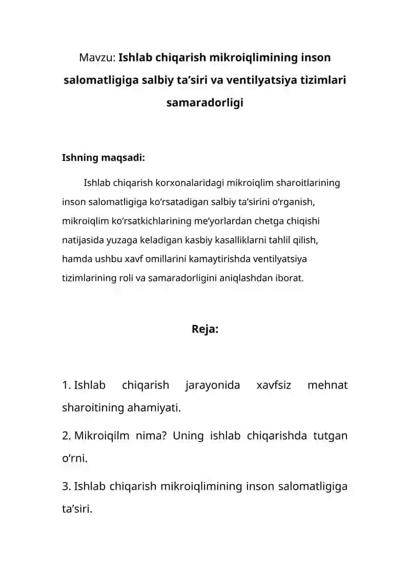 Ishlab chiqarish mikroiqlimining inson salomatligiga salbiy ta’siri va ventilyatsiya tizimlari samaradorligi 2
