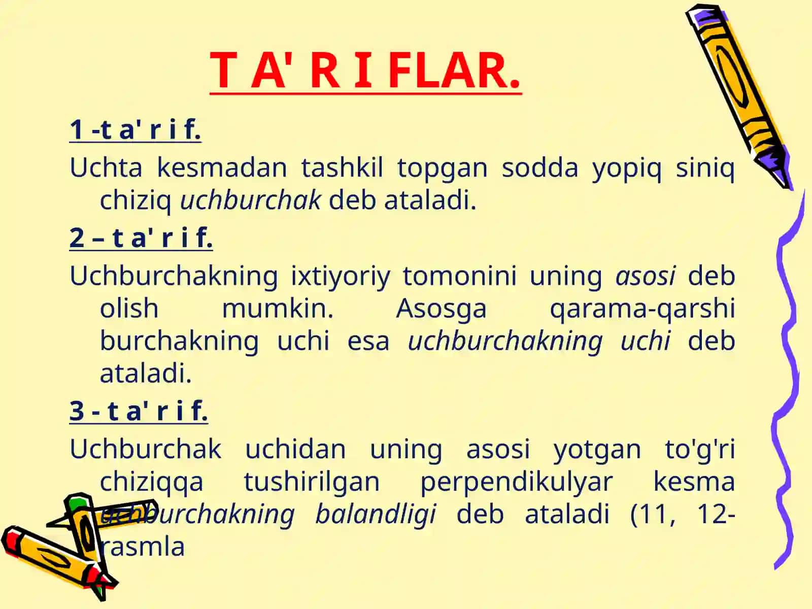 Uchburchaklarning asosiy elementlari va ularni tomonlari orqali ifodalash 2