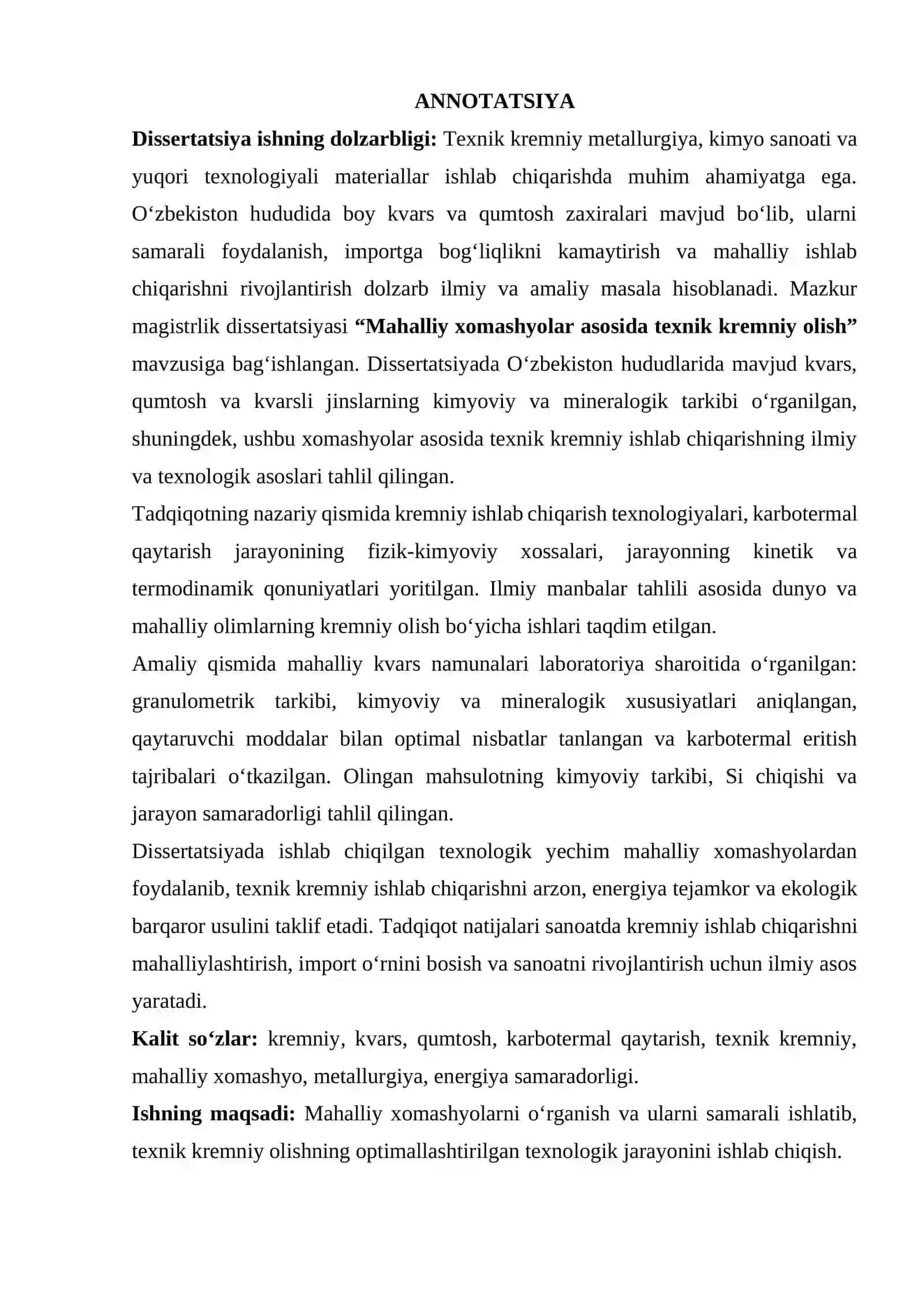 Mahalliy xomashyolar asosida texnik kremniy olg‘a 2