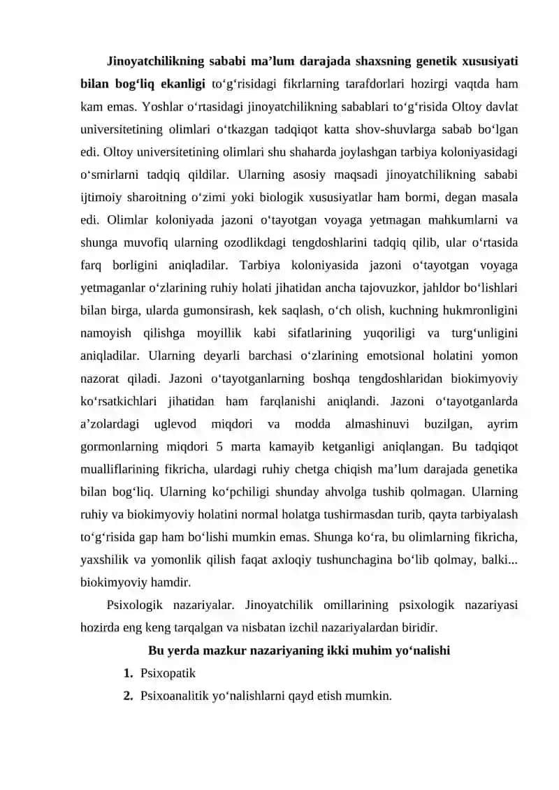 Jinoyatchilikning sababi ma’lum darajada shaxsning genetik xususiyati bilan bog‘liq ekanligi 2