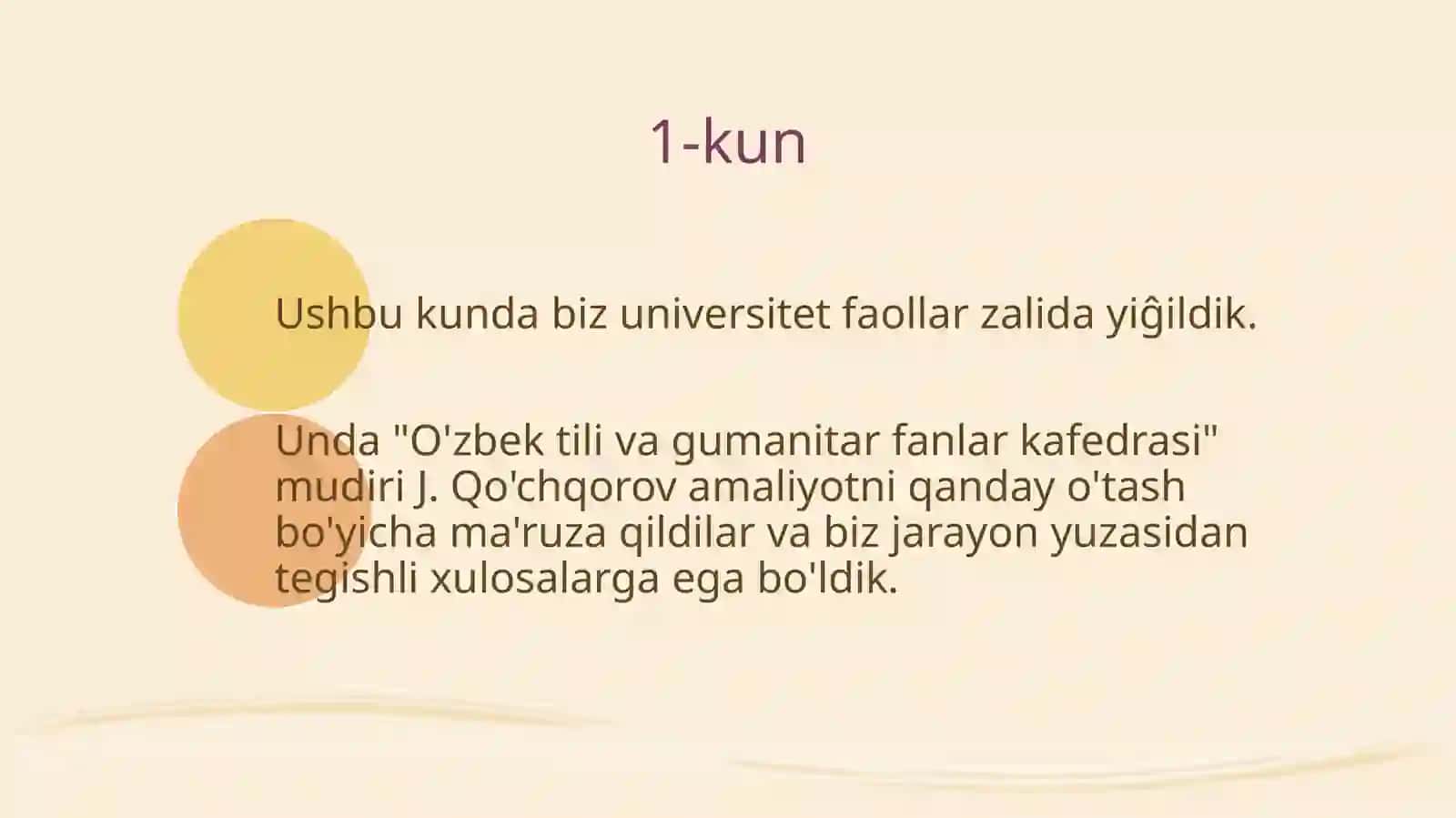 Samarqand davlat universiteti Kattaqo'rg'on filiali Filologiya va tillarni o'qitish o'zbektili yo'nalishi 21_12 guruh talabasi Azamatova Gulsanamning bir oylik malakaviy pedagogika amaliyoti bo'yicha tahlagantaqdimoti 2