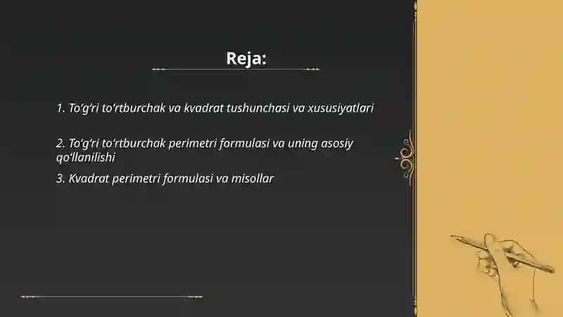 To'g'ri to'rtburchak va kvadratning perimetrini, yuzaga doir masalalar yechishga oʻrgatish 2