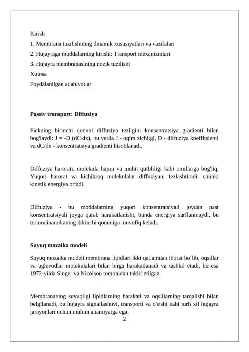Hujayra membranasi uning nozik tuzilishi va hukayraga moddalarning kirishi 2