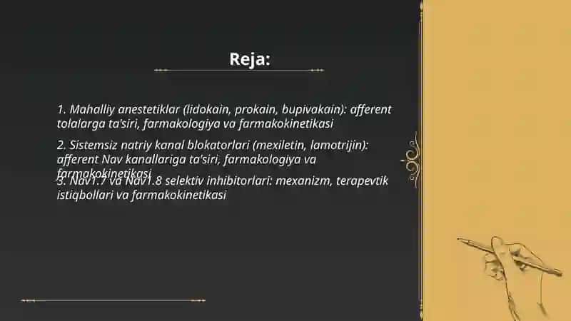 Umumiy farmakalogya dori moddalarning farmakalogya va farmakinetikasi Afferen nerf tizimiga tasir etuvchi dori vositalari 2