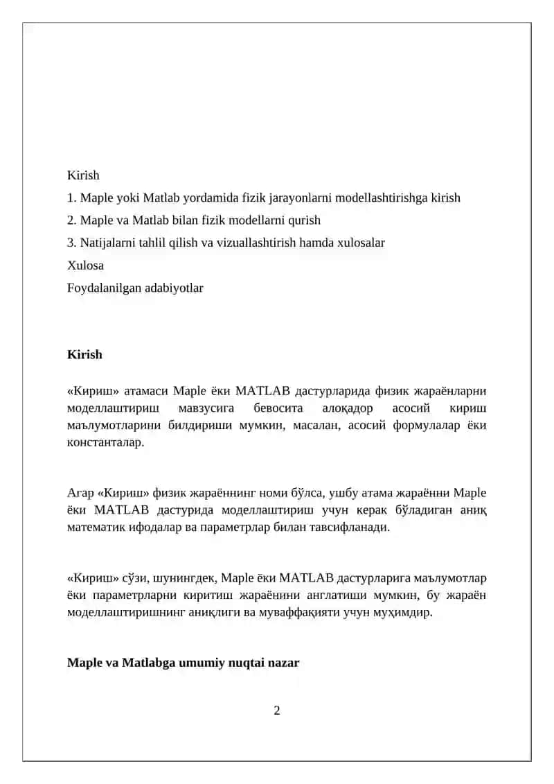 Fizik jarayonlarni Maple yoki Matlab yordamida modellashtirish 2