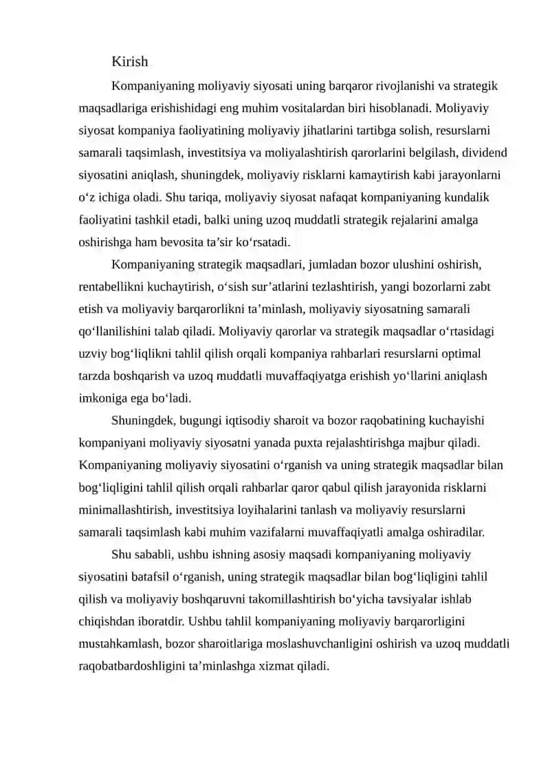 Kompaniyaning moliyaviy siyosati 2