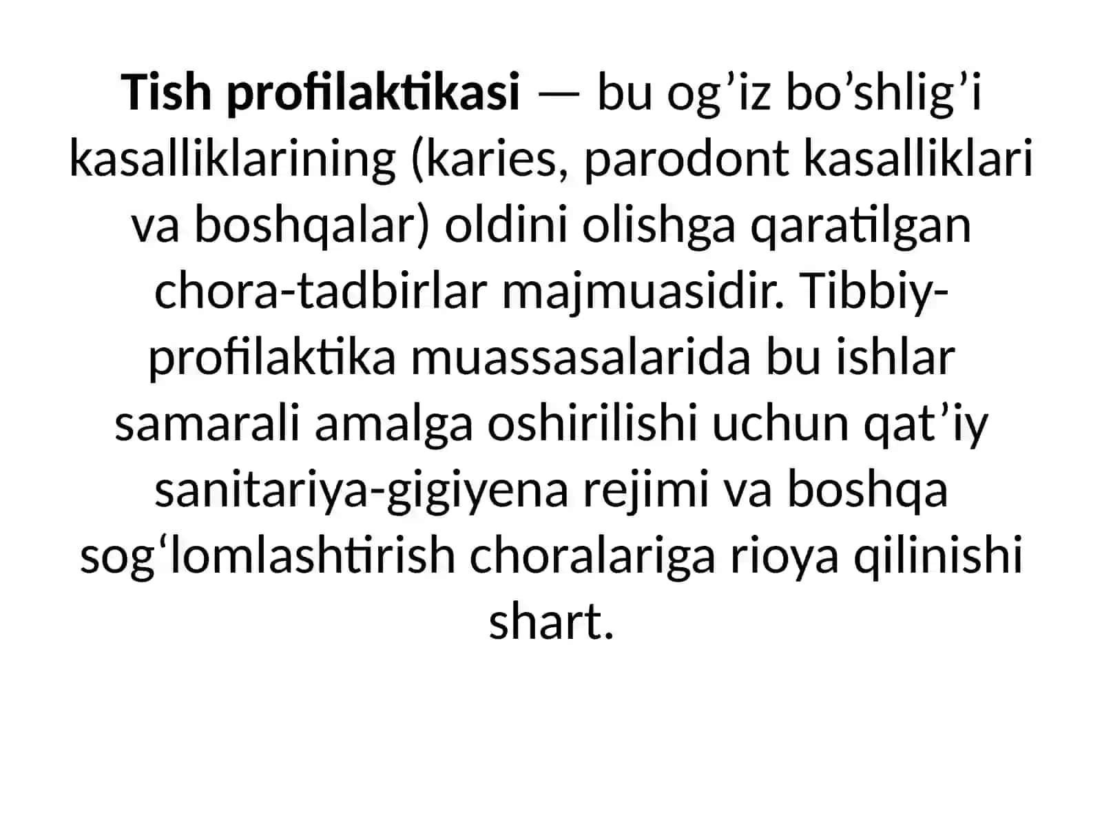 №8 Tish profilaktikasi tibbiy-profilaktik muassasalarda sanitariya-gigiyena rejimi. Mehnat gigiyenasi, shaxsiy gigiyena qoidalari, tibbiy ko‘rik va xodimlarni emlash zarurati va chastotasi 2