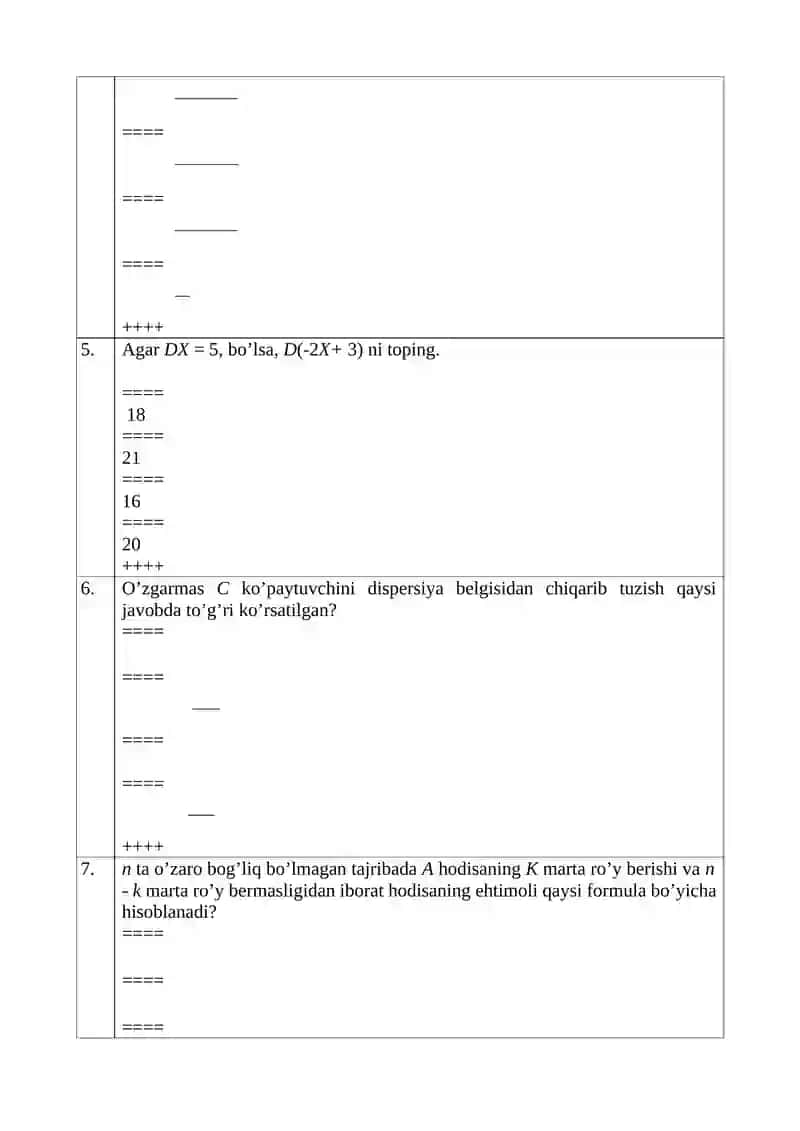 Ehtimollik formulalari va differensial tenglamalar bo'yicha test savollari 2