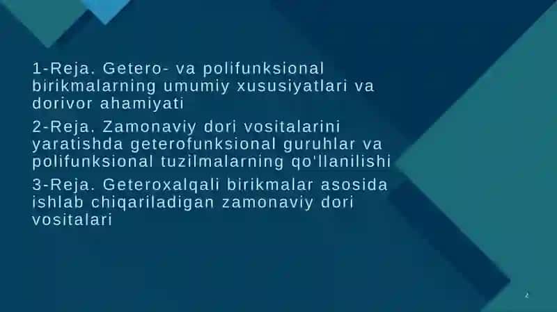 Getero- va poli funksional birikmalar asosida ishlab chiqariladigan zamonaviy dori vositalari. Geteroxalqali birikmalar asosida ishlab chiqariladigan zamonaviy dori vositalari 2