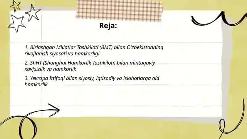 O'zbekistonning xalqaro tashkilotlar bilan hamkorlik aloqalari Ne'matjonova Muslimabonu 2