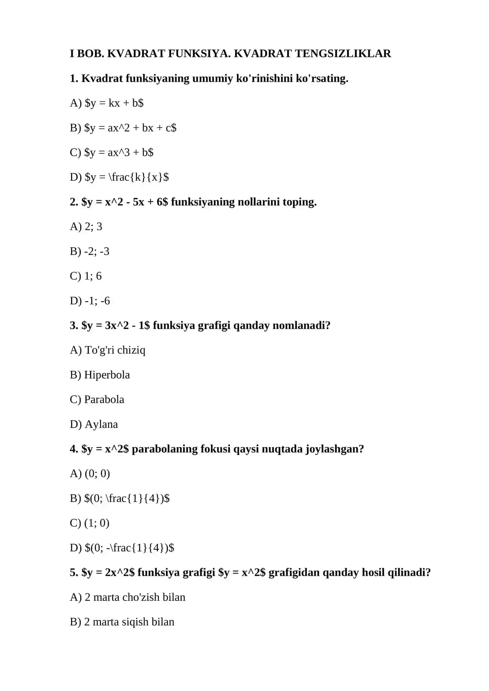9-sinf Algebra: Barcha boblar bo'yicha testlar to'plami 2