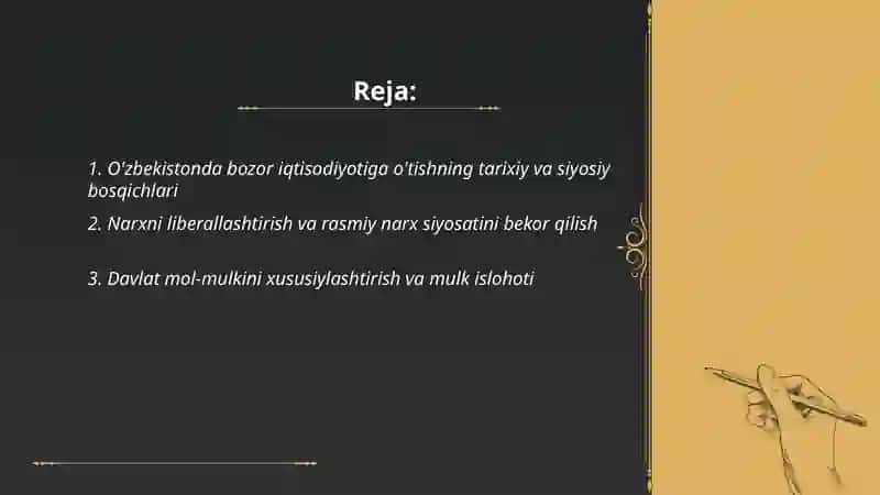 Bozor iqtisodiyotiga o'tish tajribasi asosiy bosqichlari(O'zbekiston misolida) 2