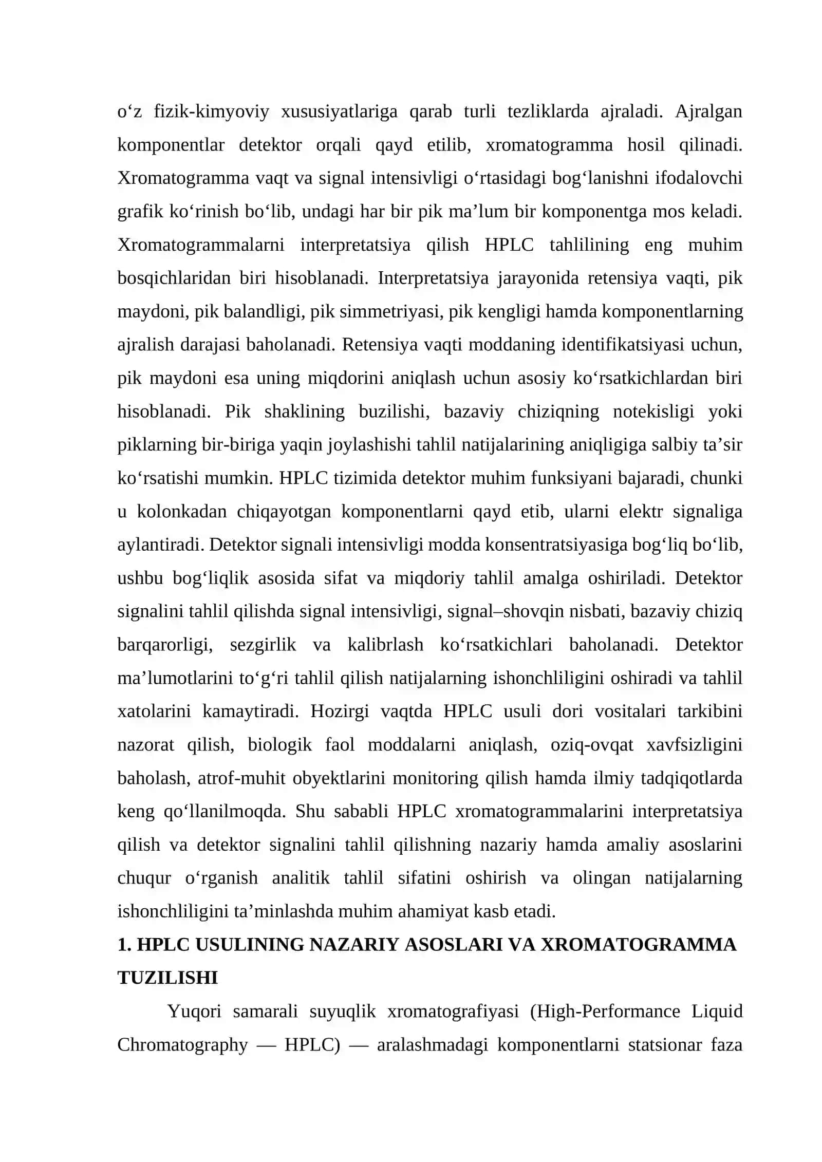 HPLC xromatogrammalarini interpretatsiya gilish va detektor signalini tahlil gilish. 2