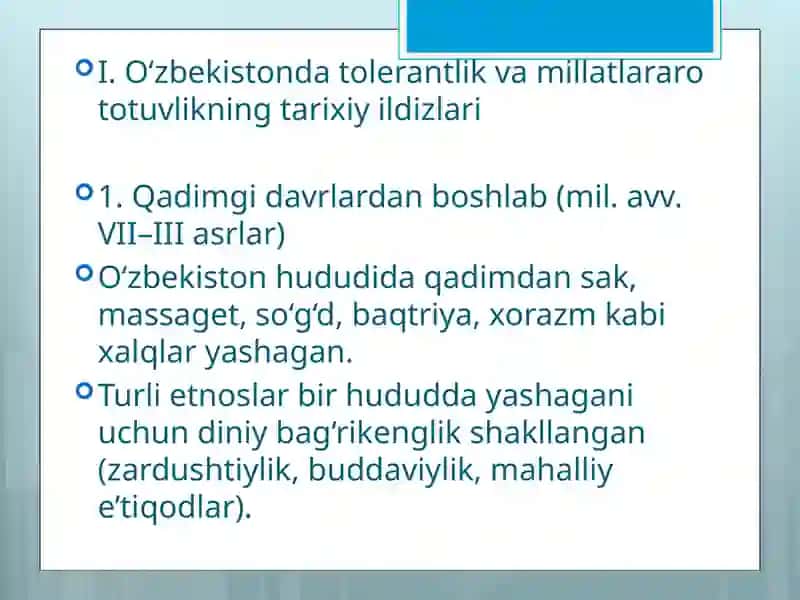 O'zbekistonda tolerantlik va millatlararo totuvlikni ta'minlashning tarixiy ildizlari va demokratik ildizlari. 2
