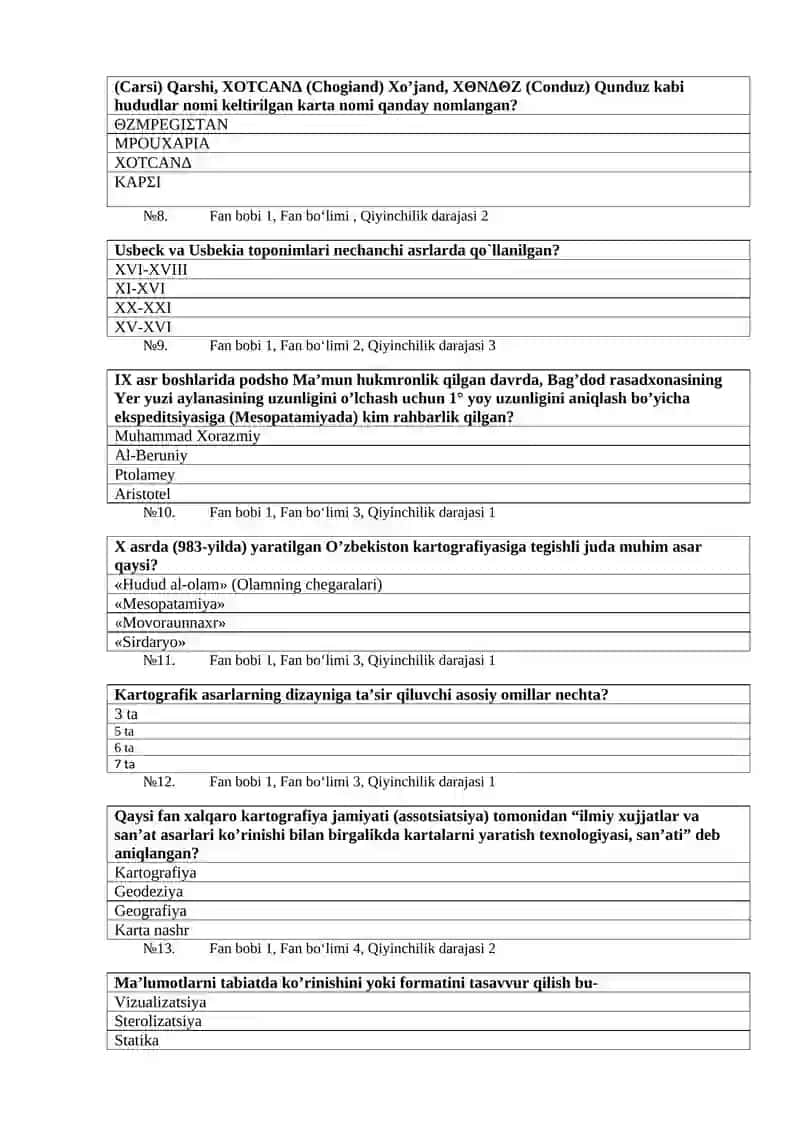 “Geologiya va gidrogeologiya” fanidan test savollari 2